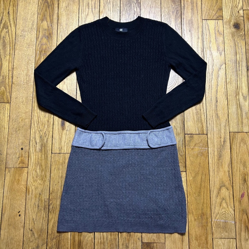 IZ Byer Womens Sweater Dress Small Black Grey Colorblock Long Sleeve Mini Knit